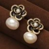 Elegant Camellia Natural Pearl Rhinestone Stud Earrings