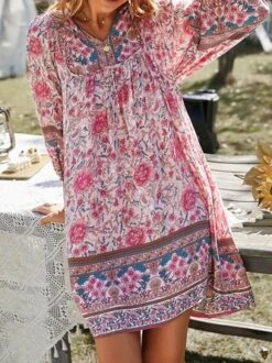 Loosen V Neck Boho Long Sleeve Woven Pink Dress -Zolucky Sales Store 2d03bc553749b69818784fc945139c4a