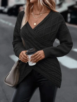 Daily Plain Casual Cross V Neck Tunic Winter Knitted Loose Long Sleeve Sweater -Zolucky Sales Store 2d4a1fa574022ca6001b33f0e8b48014