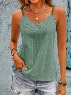 Lace Casual V Neck Plain Eyelet Cami -Zolucky Sales Store 2d585cfcd39ce2207ff0b40ab8824e7f