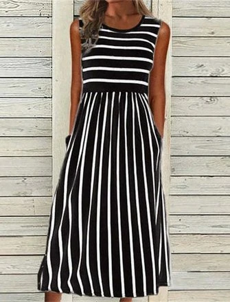 Striped Casual Crew Neck H-Line Sleeveless T-shirt Maxi Dress 4 Striped Casual Crew Neck H-Line Sleeveless T-shirt Maxi Dress - Image 4