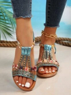 Women Rhinestone Floral Print Braided Ankle Strap Wedge Sandals -Zolucky Sales Store 2e5f7e80cc7cc66a541dfa1080a24871