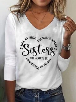 Women Sister Text Letters Regular Fit Jersey H-Line Casual V Neck Long Sleeve T-Shirt -Zolucky Sales Store 2e64d8174eed3c0ad14ee86b424186f1