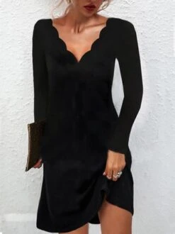 Sexy Solid V Neck Long Sleeve A-line Dress