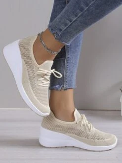Casual Lace-up Decor Breathable Flyknit Wedge Heel Slip On Sneakers -Zolucky Sales Store 2f1644cf22e1fcd2a9b11eb53aae4ac4