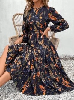 Abstract V Neck Loose Casual Dress With No