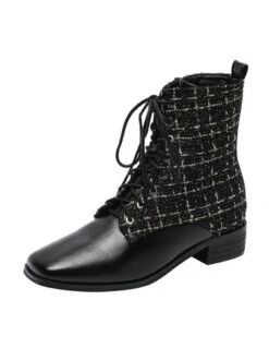Women Tweed Plaid Fashion Square Toe Boots -Zolucky Sales Store 2f6e0cc9b5559bedc629ee85b7bb6cf9