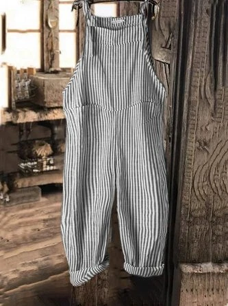 Vintage Black Gray Linen Stripes Pants Romper Jumpsuits 8 Vintage Black Gray Linen Stripes Pants Romper Jumpsuits - Image 8