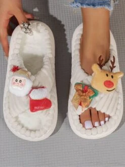 Christmas Santa Claus Elk Bow Cross-strap Plush Slippers