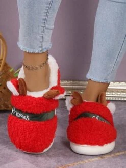 Christmas Letters Embroidery Color Block Fluffy Toe-covered Slippers -Zolucky Sales Store 31273425d30eedcf0e83eec8e813949b
