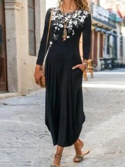 Casual Crew Neck Long Sleeve Printed Knitting Dress