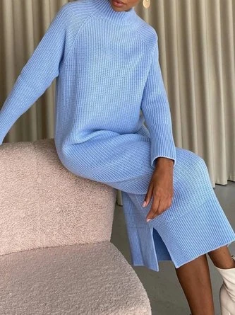 High Neck Raglan Sleeves Knitted Midi Dress With Side Splits 1 High Neck Raglan Sleeves Knitted Midi Dress With Side Splits