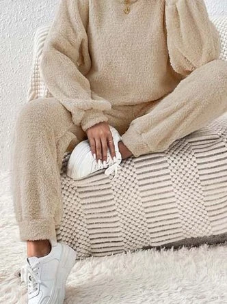 Casual Plain Fluff/Granular Fleece Fabric Two-Piece Set 2 Casual Plain Fluff/Granular Fleece Fabric Two-Piece Set - Image 2