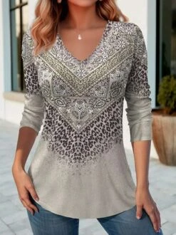 Casual V Neck Loose Abstract T-Shirt