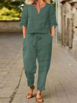 Casual Plain Top With Pants Two-Piece Set