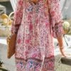 Loosen V Neck Boho Long Sleeve Woven Pink Dress