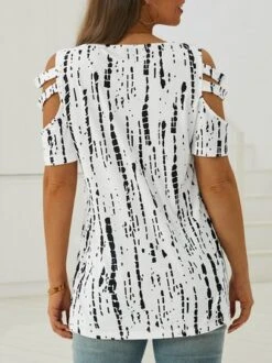 Tribal Geometric Striped Casual Hollow Out V Neck Loosen Short Sleeve Tunic T-Shirt -Zolucky Sales Store 349544ce18dcb50ce18088824ac85d7c