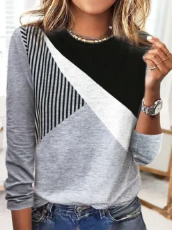 Striped Casual Autumn Daily Loose Top Long Sleeve Crew Neck Regular T-shirt For Women