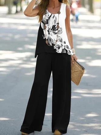 Crew Neck Casual Cotton Floral Two-Piece Set 1 Crew Neck Casual Cotton Floral Two-Piece Set