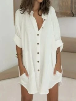 Women Casual Half Sleeve Linen Plain Mini Dresses