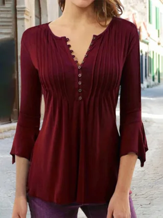 Casual Plain Autumn Daily Regular Fit Jersey Buttoned Crew Neck 3/4 Sleeve T-shirt 2 Casual Plain Autumn Daily Regular Fit Jersey Buttoned Crew Neck 3/4 Sleeve T-shirt - Image 2