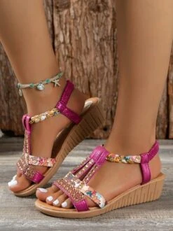 Women Rhinestone Floral Print Braided Ankle Strap Wedge Sandals -Zolucky Sales Store 37ddfb6ad552d3aabec0ddd04552a94b