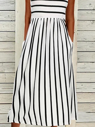 Striped Casual Crew Neck H-Line Sleeveless T-shirt Maxi Dress 3 Striped Casual Crew Neck H-Line Sleeveless T-shirt Maxi Dress - Image 3