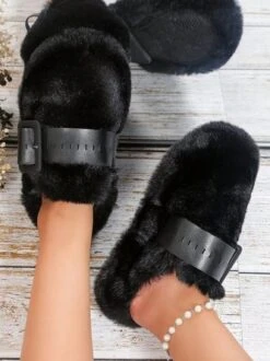 Color Block Buckle Warmth Fluffy Toe-covered Slippers -Zolucky Sales Store 386a346859dbe2b88846fc16b6dd4275