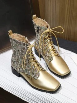 Women Tweed Plaid Fashion Square Toe Boots