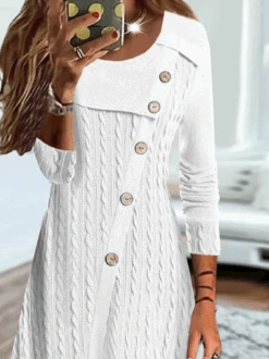Casual Plain Texture Crew Neck Stitched Buttons Jersey Dress -Zolucky Sales Store 39a904d5edea9ab626c90e795607bb36