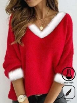 Christmas Yarn/Wool Daily Plain Fur Collar Winter Heavyweight Casual V Neck Long Sleeve Sweater