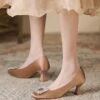 Square Rhinestone Decor Satin Square Toe Spool Heel Pumps