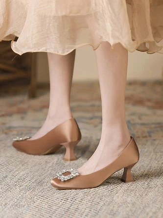 Square Rhinestone Decor Satin Square Toe Spool Heel Pumps 1 Square Rhinestone Decor Satin Square Toe Spool Heel Pumps