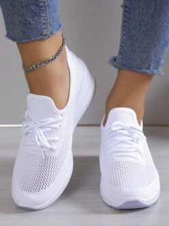 Casual Lace-up Decor Breathable Flyknit Wedge Heel Slip On Sneakers