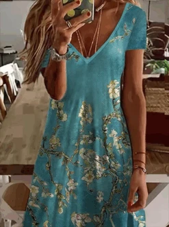 Casual Floral V Neck Short Sleeve Knit Dress -Zolucky Sales Store 3cf8dc8c12f1b222dcf2baa80fda5ff1