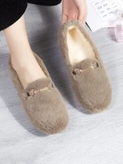 Casual Metal Decor Warmth Furry Slip On Shoes -Zolucky Sales Store 3d1cdfa792f94b1772a35a412d860a2a
