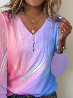 Abstract Printed Casual Loose V Neck Buckle Long Sleeve T-Shirt -Zolucky Sales Store 3dbb50901bf1d08f27c63466f14193aa