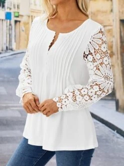 Lace Hollow Out Plain Casual Patchwork Notched Neck Tunic Top Buttoned Design Long Sleeve Shirt -Zolucky Sales Store 3decc3fa4009506505251a4da71f5e43