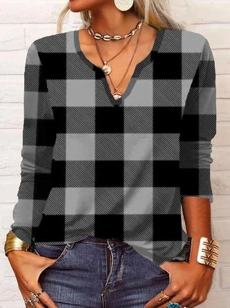 Christmas Casual Loose Plaid Long Sleeve V Neck T-Shirt 3 Christmas Casual Loose Plaid Long Sleeve V Neck T-Shirt - Image 3