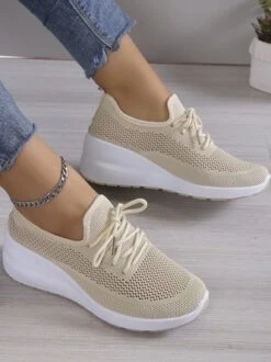 Casual Lace-up Decor Breathable Flyknit Wedge Heel Slip On Sneakers -Zolucky Sales Store 3ee439ab92eafcd9a3d8c9b85d1073b0