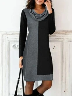 Loose Casual Long Sleeve Color Block Dress