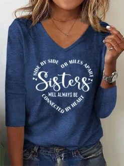 Women Sister Text Letters Regular Fit Jersey H-Line Casual V Neck Long Sleeve T-Shirt -Zolucky Sales Store 3f7a94564df31bbaab1471be5aa988ff