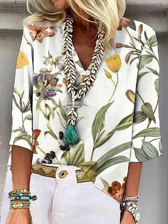 Floral Printed Casual V Neck Blouse 1 Floral Printed Casual V Neck Blouse