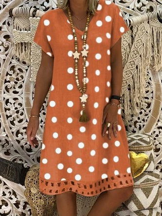 Women V-Neck Short Sleeve Hollow Polka Dot Summer Dress 4 Women V-Neck Short Sleeve Hollow Polka Dot Summer Dress - Image 4
