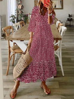 Loose Casual Disty Floral V Neck Dress