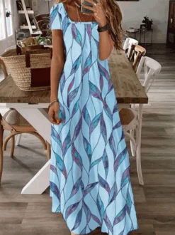 Printed Casual Square Neck Short Sleeve Dress -Zolucky Sales Store 40a9e72747242a85f9f9158ee69c60c0