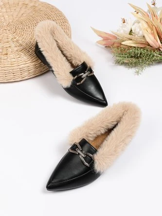 Women Metal Decor Commuting Furry Synthetic Leather Loafers 3 Women Metal Decor Commuting Furry Synthetic Leather Loafers - Image 3