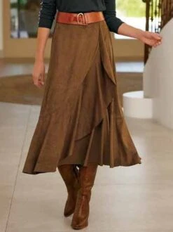 Casual Plain Autumn Suede Natural Daily Loose Midi A-Line Skirt For Women