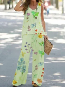 Loose Floral Printed H-Line Two-Piece Set Crew Neck Tank With Pants -Zolucky Sales Store 425754ccd98936df1c28c15e575996b5