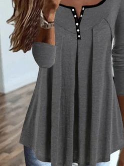 Casual Plain Pleated Contrast Color-block Long-sleeve Jersey Loose Top -Zolucky Sales Store 427f70d12f8de07bbbb570f004cadbe8